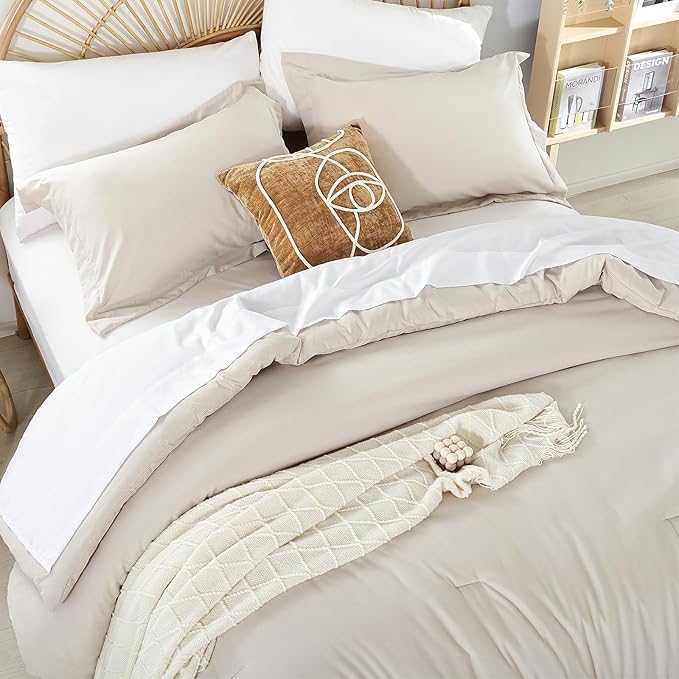 weigelia Twin Comforter Set 5 Pieces Beige Bed in A Bag Soft Queen Bedding Set Lightweight Comforter Set for Women and Men（Comforters, Flat & Fitted Sheets, Pillowcases & Shams）