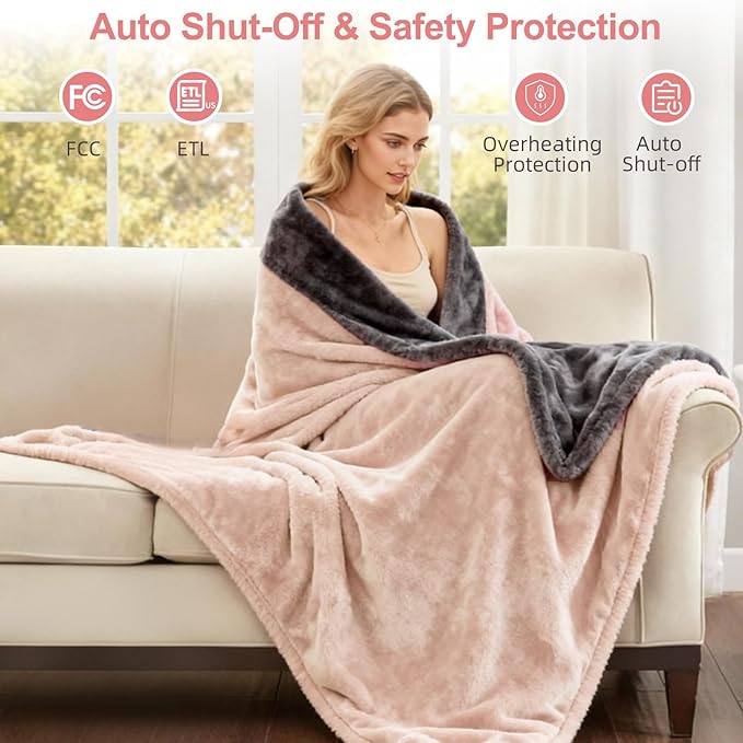 Electric Heated Blanket Throw 50" x 60" Soft Dual-Sided Flannel Fast Heating 12 Heat Levels 1–12H Timer & Overheat Protection & Auto Shut-Off & Machine Washable (Peach Pink & Gray)