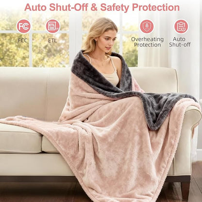 Electric Heated Blanket Throw 50" x 60" Soft Dual-Sided Flannel Fast Heating 12 Heat Levels 1–12H Timer & Overheat Protection & Auto Shut-Off & Machine Washable (Peach Pink & Gray)