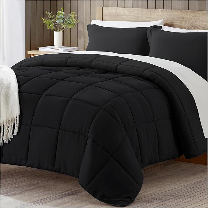 satisomnia Oversized Queen Comforter Set, Black Bedding Comforters Oversized Queen, 3 Pieces Down Alternative Bed Comforter Lightweight, Soft Bed Set Breathable Solid Black All Season Bedding Sets