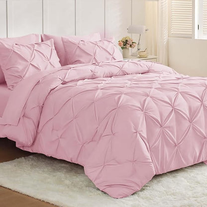 JOLLYVOGUE King Size Comforter Set 7 Pieces - Bed in a Bag King for All Season, Pintuck Bedding Comforter Sets with Comforter, Flat Sheet, Fitted Sheet and Pillowcases & Shams, Baby Pink