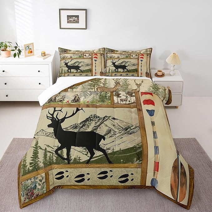 Farmhouse Lake House Decor Comforter Set Queen, Rustic Hunting Deer Bedding for Kids Boys Girls Teens, Retro Wild Animals Down Comforter, Woodland Pine Tree Paddle Plaid Decor Quilted Duvet, 3Pcs