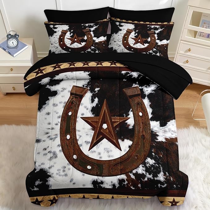Nesker 7 Pcs Comforter Set Full Size, Western Cowboy Texas Star Horseshoes Bedding Set for Kids and Adults, Cowhide Rustic Farmhouse Bed Sheet Sets with Fitted Sheet 2 Pillowcases & 2 Shams