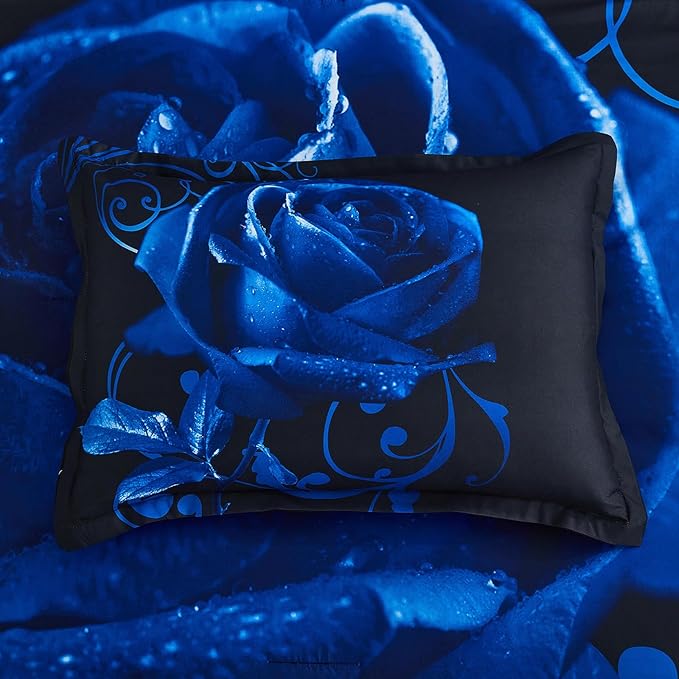 Xruibed Blue Comforter Set Queen 7 Piece Bed in a Bag Blue Rose Comforter with Sheet Set Soft Micorfiber Reversible Bedding Set (1 Comforter,2 Pillow Shams,1 Flat Sheet,1 Fitted Sheet,2 Pillowcases)