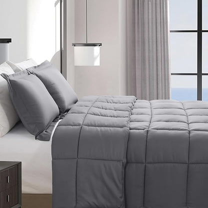 Elegant Comfort 3-Piece Box Stitched Down Alternative Comforter with Shams - Ultra Soft for All Season Duvet Insert with Corner Tabs, Plush Cozy 3PC Comforter Set, Oversize Queen, Gray