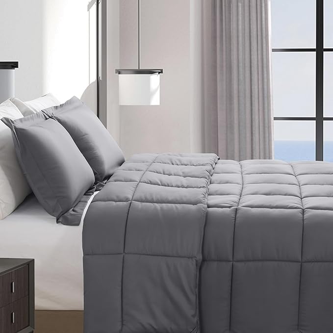 Elegant Comfort 3-Piece Box Stitched Down Alternative Comforter with Shams - Ultra Soft for All Season Duvet Insert with Corner Tabs, Plush Cozy 3PC Comforter Set, King, Gray