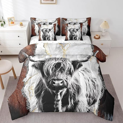 Erosebridal 7 Pcs Highland Cow Comforter Set Queen Size,Vintage Marble Bed in a Bag with Flat Fitted Sheet for Kids and Adults,Rustic Western Cow Bedding Set with Pillowcases and Cushion Cases