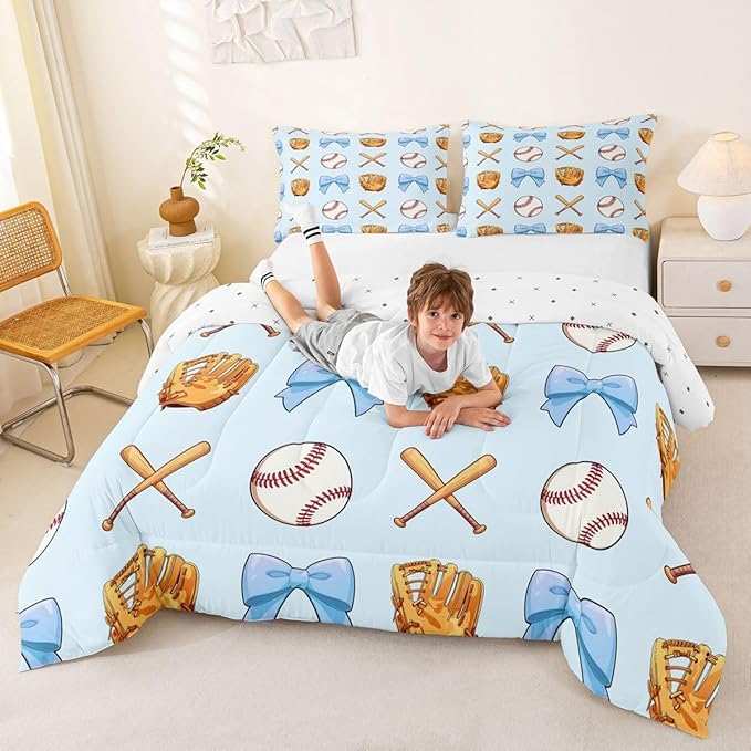 Baseball Bowknot Comforter Set Queen Size,Blue Bow Tie Knot Bedding Sets 3Pcs for Kids Girls Boys Women Room Decor,Baseball Bat Gloves Quilted Duvet Ball Sport Games Down Comforter,2 Pillowcases