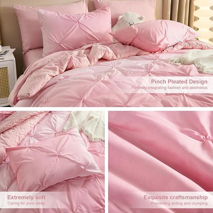 Dinjoy Ombre Comforter Set Twin Size, 5-Piece Bed in a Bag for Kid Teen, Pintuck Colorful Rainbow Bedding Sets with Comforter, Flat Sheet, Fitted Sheet and Pillowcases & Shams, Pink