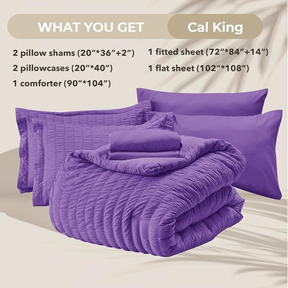 HYMOKEGE Dark Purple California King Comforter Set Seersucker 7 Pieces, All Season Luxury Bed in a Bag for Bedroom, Bedding Set with Comforter, Sheets, Pillowcases & Shams