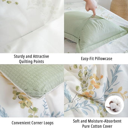 White Cotton Comforter Queen Size 3Pcs - Blue Branches & Orange and Green Buds on White, Chevron Sage Green Back, Reversible Lightweight Bedding Sets with Soft Fill(Queen, 90"×90")