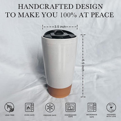 Mora Double Wall Ceramic Coffee Travel Mug with Lid, 14 oz, Portable, Microwave, Dishwasher Safe, Insulated Reusable Tall Cup, Splash Resistant Lid - To Go Tumbler for Car Cup Holder, Cotton White
