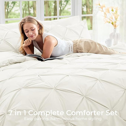Sasttie Twin XL Comforter Set, 5-Piece Bed in a Bag, Pintuck Bedding Sets for All Season, Includes Comforter, Flat Sheet, Fitted Sheet, Pillowcase and Pillowsham, Ivory