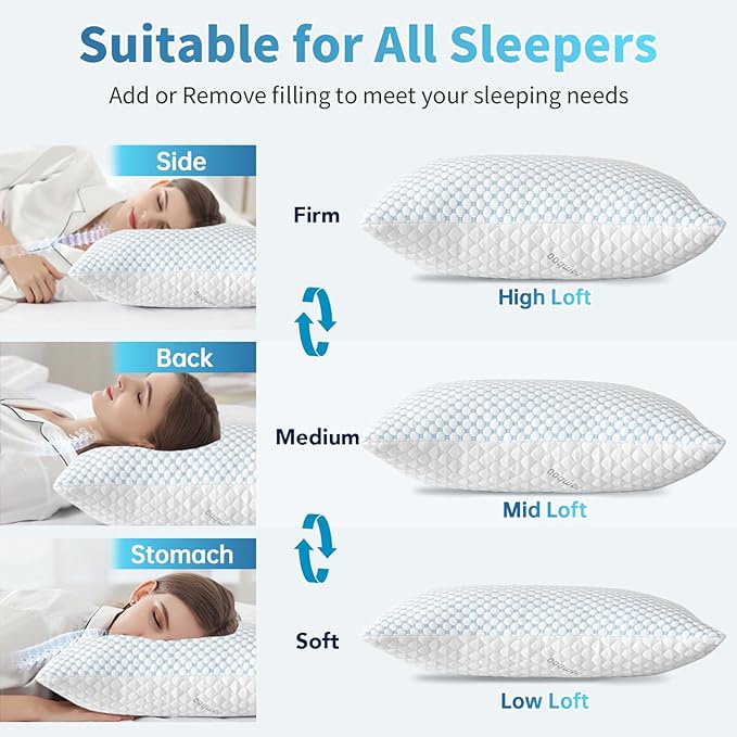 Cooling Shredded Memory Foam Pillow King Size - Adjustable Loft for Back & Side Sleepers, Breathable & Supportive Bed Pillow with Removable Washable Cover King(Pack of 1)