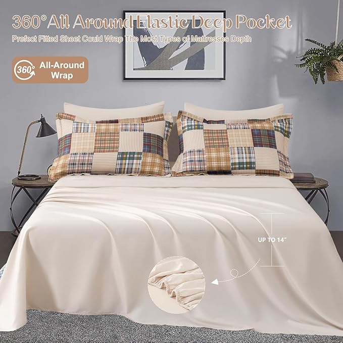 Comforter Set King Size Plaid Patchwork Comforter Bedding-7 Piece Bed in a Bag,Soft Fluffy Reversible Microfiber Bedding Set(1 Comforter,1 Flat Sheet,1 Fitted Sheet,2 Pillowcases,2 Pillow Shams)Beige