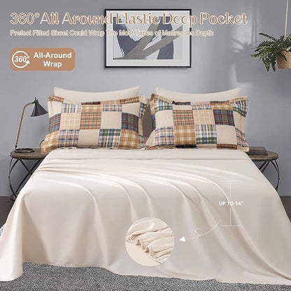 Comforter Set King Size Plaid Patchwork Comforter Bedding-7 Piece Bed in a Bag,Soft Fluffy Reversible Microfiber Bedding Set(1 Comforter,1 Flat Sheet,1 Fitted Sheet,2 Pillowcases,2 Pillow Shams)Beige