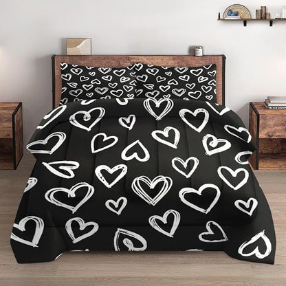 Comforter Set Full Size, Love Valentine Cute Soft 3 Pcs Bedding for Kids and Adults, Polka Heart Black White Comforter Set with 2 Pillowcases, for Bedroom Bed Decor