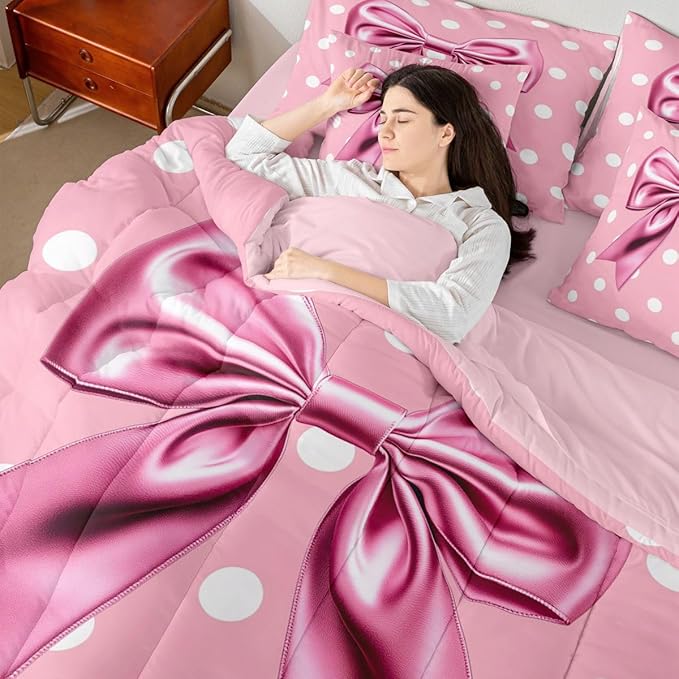 Feelyou Pink Bowknot 7 Piece Bedding Set Polka Point Comforter Set with Sheets for Kids Boys Girls Cute Bow Bed in a Bag Princess Theme Bed Set Soft Lightweight