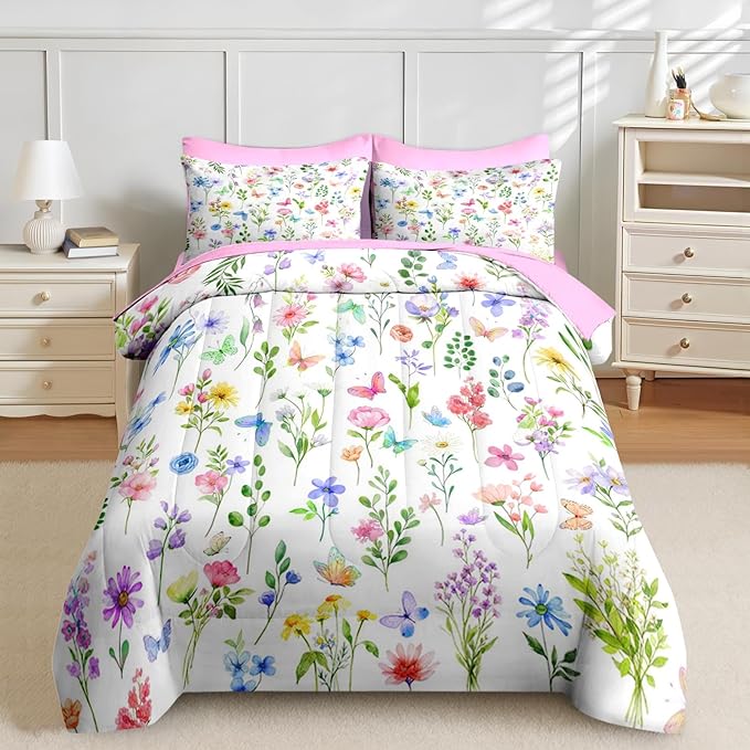 Nesker 7 Pcs Spring Comforter Set Queen Size, Pastel Floral Bedding Set for Kids and Adults, Colorful Pink Butterfly Bed Sheet Sets with Fitted Sheet 2 Pillowcases & 2 Shams