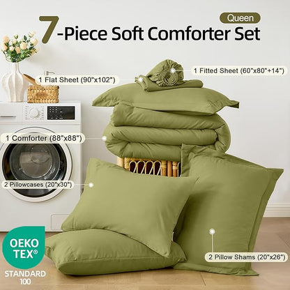 FUANNA Queen Comforter Set Olive Green, 7 Pieces Soft Bedding Sets Queen Size, All Season Lightweight Bed in a Bag with Comforter, Flat Sheet, Fitted Sheet, Pillowcases & Shams