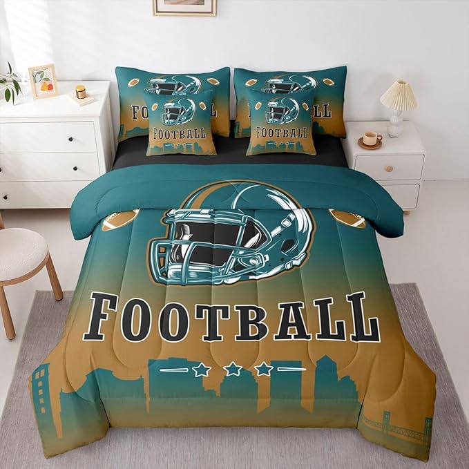 Erosebridal American Soccer Comforter Set with Sheets Football City Green Brown Queen 7 Piece Bedding Set for Kids Boys Teen,Rugby Sports Games Bed in A Bag City Silhouette Bed Set