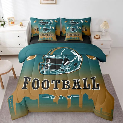 Erosebridal American Soccer Comforter Set with Sheets Football City Green Brown Queen 7 Piece Bedding Set for Kids Boys Teen,Rugby Sports Games Bed in A Bag City Silhouette Bed Set