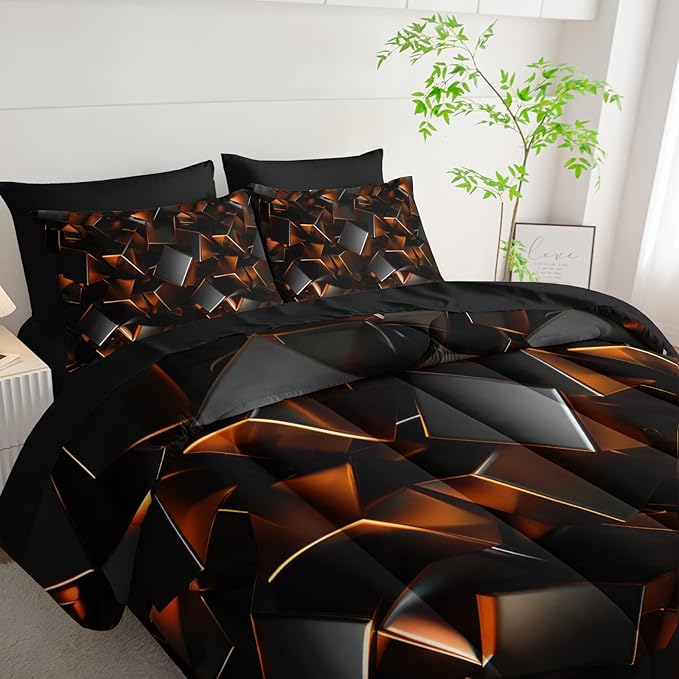 Black and Yellow Geometric Comforter Set Twin Size 7PCS,Abstract Triangular Printed Bedding Set for Adults,Geometric Mordern Art Decor All Seasons with Pillowcases,Flat, Fitted Sheet