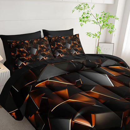 Black and Yellow Geometric Comforter Set Twin Size 7PCS,Abstract Triangular Printed Bedding Set for Adults,Geometric Mordern Art Decor All Seasons with Pillowcases,Flat, Fitted Sheet