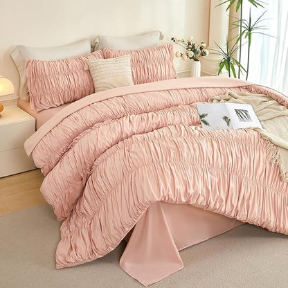 PERFEMET Blush Bed in a Bag King Size 5-Piece Boho Ruched Bedding Comforter Set Soft Luxury Fluffy Pleated Textured Pink Comforter Set with Sheets All Season Farmhouse Ruffled Bed Set(Blush, King)