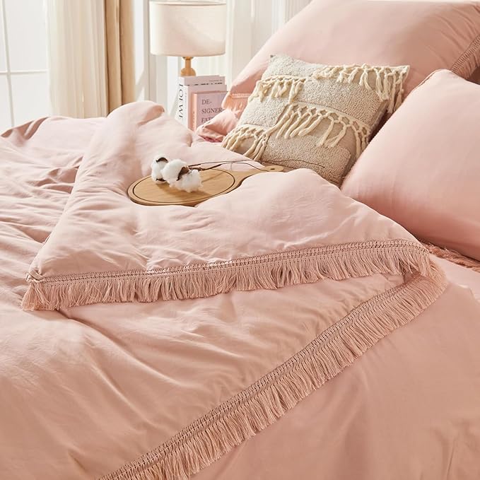 Andency Oversized King Comforter Set Pink 120x98-7 Pieces Boho Tassel Bed in a Bag Soft Lightweight Bedding Sets, Fringe All Season Bed Set with Comforter, Sheets, Pillowcases & Shams