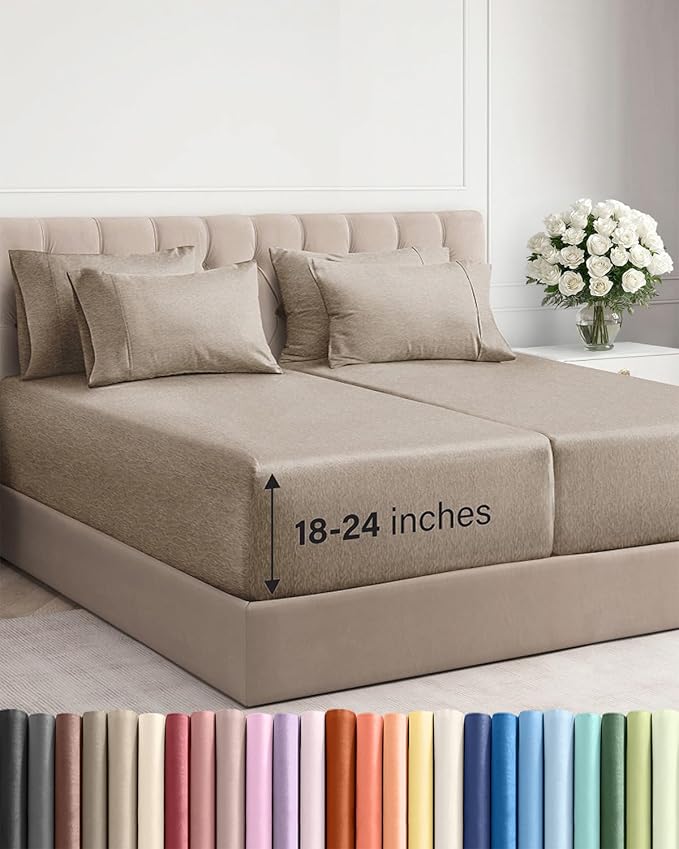 Extra Deep Split King Sheet Set - 7 Piece Breathable and Cooling Sheets - Hotel Luxury Bedding for Women, Men, Kids & Teens - Secure Fit - Soft and Wrinkle Free - Extra Deep Pockets - Heathered Beige