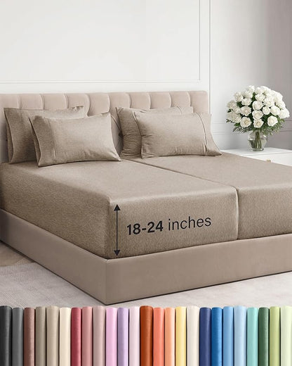 Extra Deep Split King Sheet Set - 7 Piece Breathable and Cooling Sheets - Hotel Luxury Bedding for Women, Men, Kids & Teens - Secure Fit - Soft and Wrinkle Free - Extra Deep Pockets - Heathered Beige