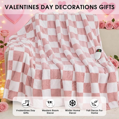 Light Pink Heated Blanket Electric Twin Size, 62X84 Heating Blanket with 10 Heat Levels & 8 Hours Auto Off, Checkered Plaid Soft Fleece Sherpa Blankets Warmer Gifts for Couch Grandma Women Adults