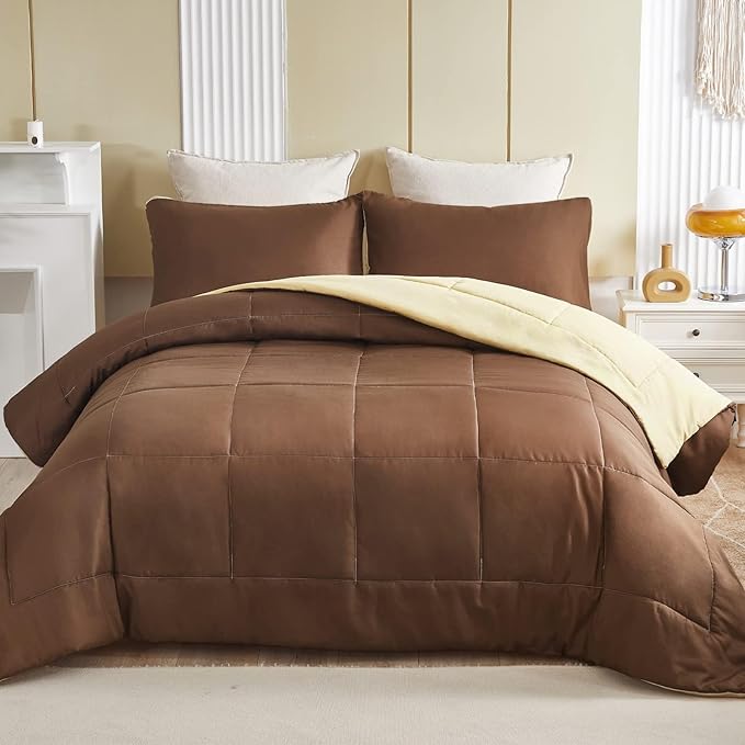 Exclusivo Mezcla Lightweight Reversible Twin Size Comforter Set, Down Alternative Comforter with 1 Pillow Sham, Twin Size Bedding Set for All Seasons, Brown/Khaki