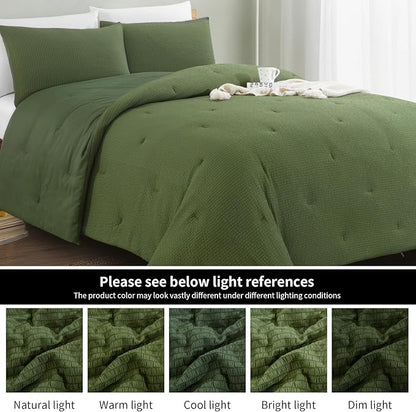 HOMBYS 3 Piece Seersucker Oversized King 120x120, Breathable Olive Green Soft Lightweight Bedding Comforter Sets with Comforter for All Season