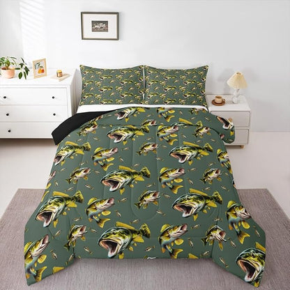 Erosebridal Bass Fishing Full Bedding Set - Pike Fish Theme Comforter Set for Boys Kids Teen | Hunting Fisherman Quilt | Lake House Rustic Cabin Bedroom Decor with 2 Pillowcases