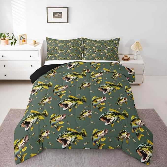 Erosebridal Bass Fishing King Bedding Set - Pike Fish Theme Comforter Set for Boys Kids Teen | Hunting Fisherman Quilt | Lake House Rustic Cabin Bedroom Decor with 2 Pillowcases