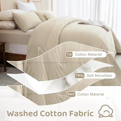 Sanracie Oversized King Comforter 128 * 120, Cotton Comforter King Size Extra Large Pinch Pleat Stripe Pattern,Solid Color Wheat Bedding Comforter Set Linen Feel Textured 3pcs Soft Neutral Bedding