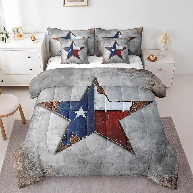 Erosebridal 7 Pieces Vintage Texas Stars Bedding Queen Size Retro Flag Print Comforter Set, Grunge Grey Bedding Comforter Sets Texas Star Bed in a Bag, American Flag Pattern Bedding Accessories