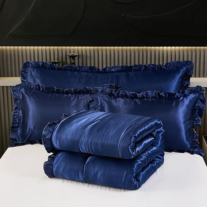 Satin Queen Comforter Silk Like Bedding 4 Pcs Hotel Soft Polyester Navy Blue Bed Set Luxury Silky Body Pillow Cover Ruffle Home Decor