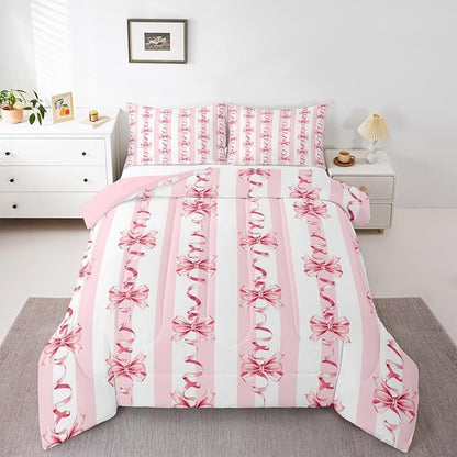 Erosebridal Pink Ribbon Bow Comforter Set Cute Coquette Bowknot King Bedding Set for Girls,Romantic Aesthetic Princess Bow Comforter Pink Geometric Striped Line Bed Set for Kids Teen Adults