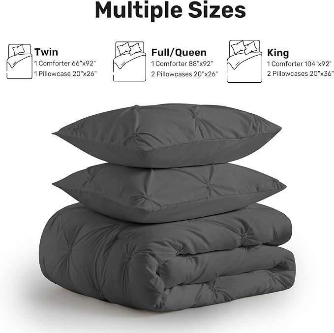 UNIKOME Queen Comforter Set Dark Gray - Ultra Soft Boho Pintuck Down Alternative Bedding Set for All Seasons, 3 Pieces Lightweight Warm Pinch Pleat Bed Set with Comforter, 2 Pillowcases