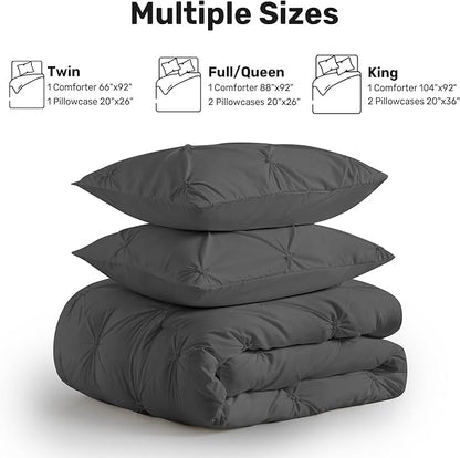 UNIKOME King Comforter Set Dark Gray - Ultra Soft Boho Pintuck Down Alternative Bedding Set for All Seasons, 3 Pieces Lightweight Warm Pinch Pleat Bed Set with Comforter, 2 Pillowcases