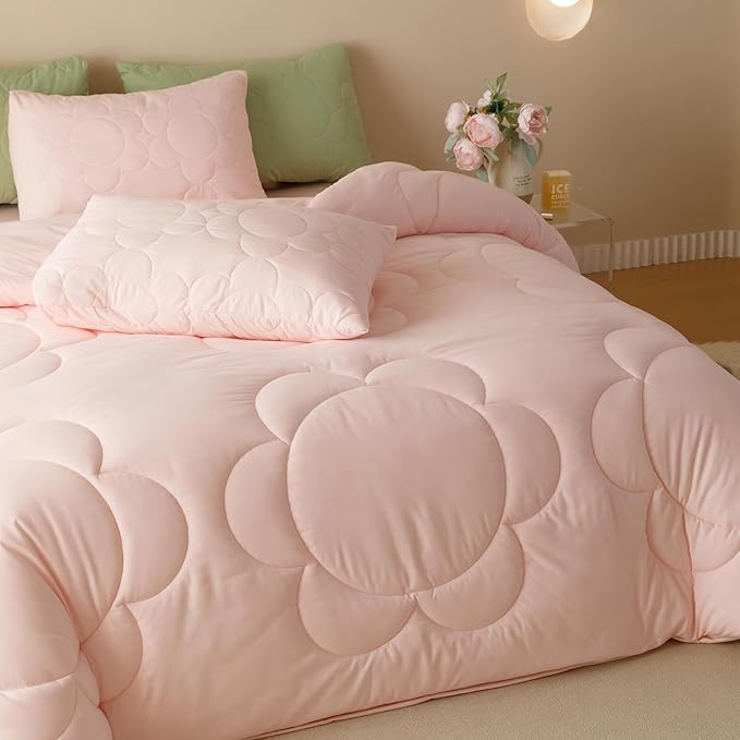 CLOTHKNOW Pink Blush Queen Comforter Set Daisy Puff Bedding Comforter Sets Soft Floral Queen Comforter Pink Comforter with 2 x Pillow Cases
