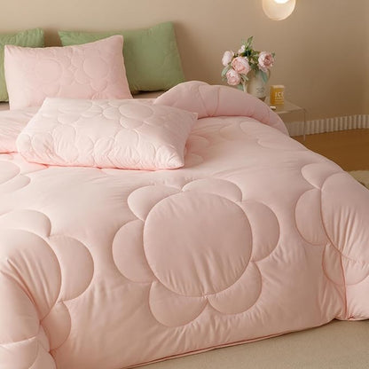 CLOTHKNOW Pink Blush Queen Comforter Set Daisy Puff Bedding Comforter Sets Soft Floral Queen Comforter Pink Comforter with 2 x Pillow Cases