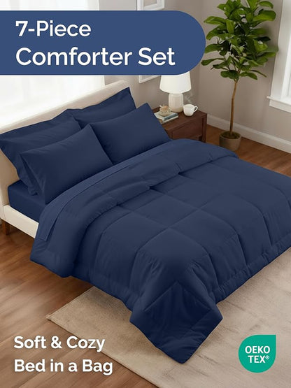 King Comforter Set - 7 Piece Bed in a Bag King Size Bed Set - Down Alternative Comforter, Flat Sheet, Fitted Sheet, Pillowcase & Shams for All Seasons - Ultra Soft, Comfy and Breathable - Navy Blue