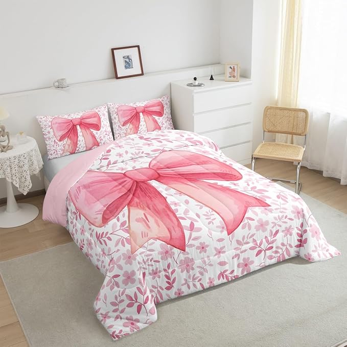 Erosebridal Cute Princess Girls Bedding Comforter Sets Kawaii Bowknot Bedding Set Twin for Kids Teen Women,Fantasy Pink White Flower Plant Comforter Set Watercolor Bow Duvet Insert 2 Pcs