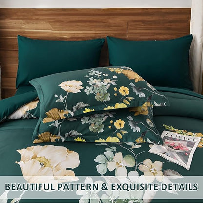 DJY Floral Comforter Set King Size 7 Pieces Teal Green Floral Bed in a Bag with Flower Leaves Pattern, Soft Microfiber Botanical Comforter and Sheet Set All Season Bedding Set(104''x90'')