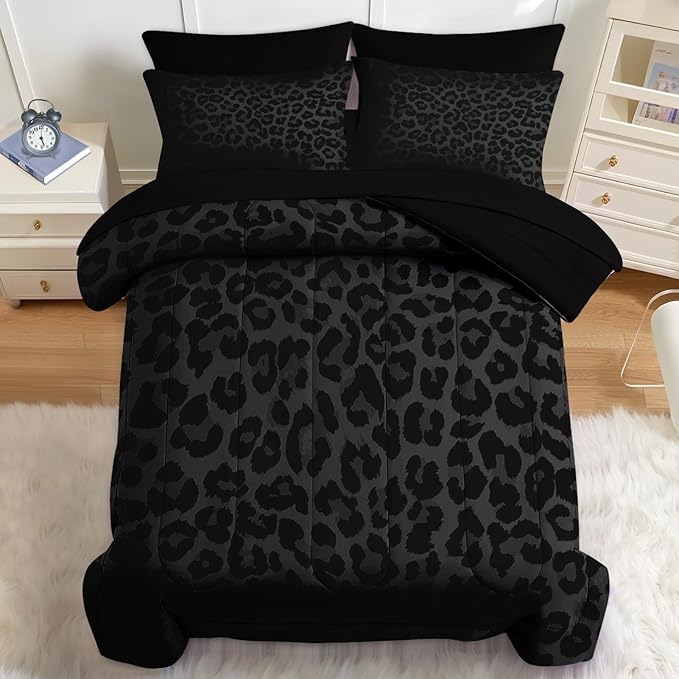 Nesker 7 Pcs Comforter Set Full Size, Leopard Print Wild Animal Bedding Set for Kids and Adults, Black Grey African Cheetah Wildlife Bed Sheet Sets with Fitted Sheet 2 Pillowcases & 2 Shams