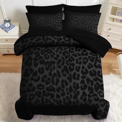 Nesker 7 Pcs Comforter Set Full Size, Leopard Print Wild Animal Bedding Set for Kids and Adults, Black Grey African Cheetah Wildlife Bed Sheet Sets with Fitted Sheet 2 Pillowcases & 2 Shams